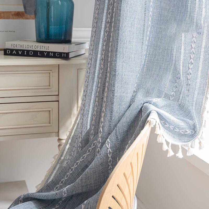 Striped Embroidered Semi-Blackout Rod Pocket Curtain