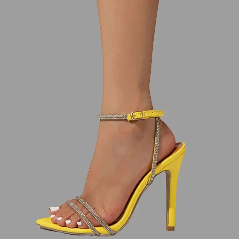 Women Yellow High Heels Shoes Fashion Rhinestones Pointed Toe Sandals Summer Ladies Ankle Buckle Straps Stilettos Pumps