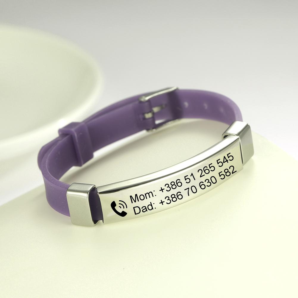 Braccialetto Identificativo Bambini Regolabile Silicone Morbido Acciaio Inossidabile Ciondolo Nome Emergenza Telefono Braccialetti Personalizzati