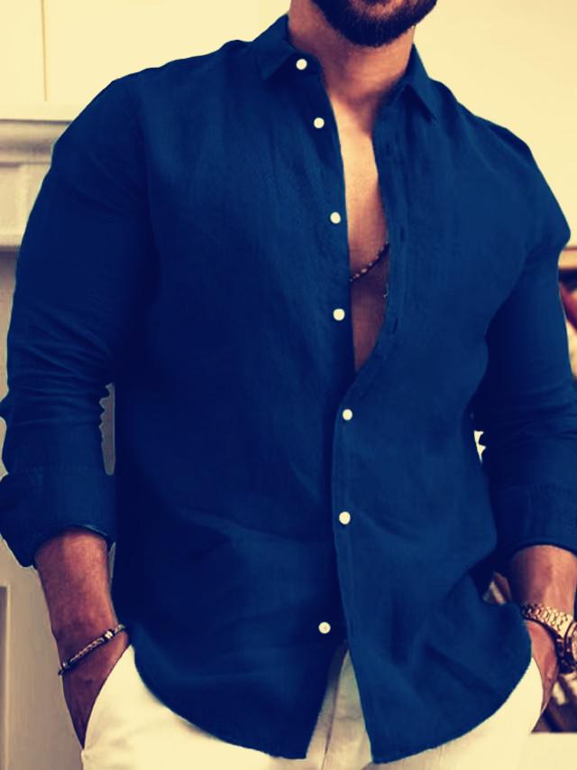 

2023 Мужская повседневная рубашка-кардиган из хлопка и льна однотонной расцветки XXL темно-синий