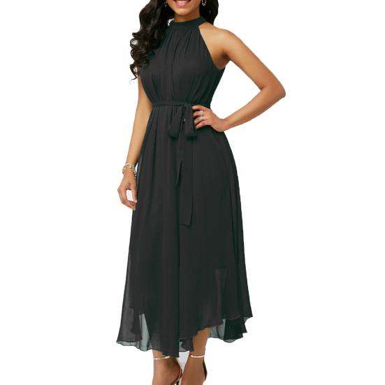 Plus Size Women Summer Solid Color Pleated Chiffon Sleeveless Belted Maxi Dress