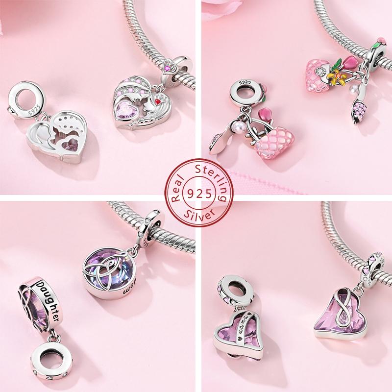 925 Silver Heart Beads DIY Jewelry Charms for Women Mothers Day Gift Bracelet Necklace Pendant