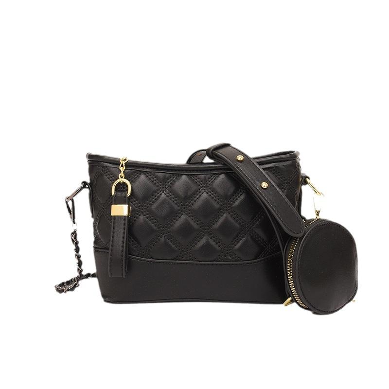 2025 new rhombus embroidery thread women's small bag, popular in summer, textured chain, crossbody or shoulder bucket bag