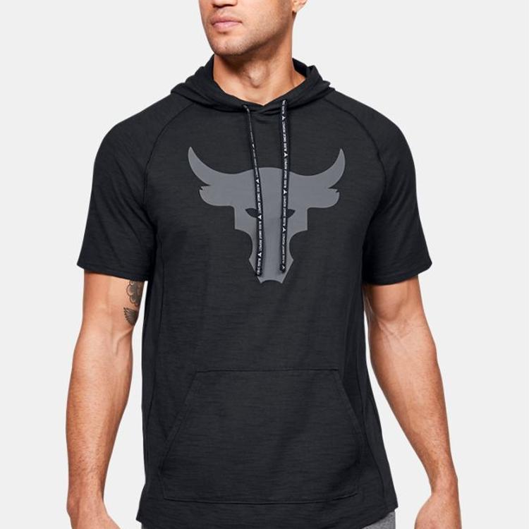 Under Armour Project Rock Charged Cotton Short Sleeve Hoodie Men Tops Black 1351525-001