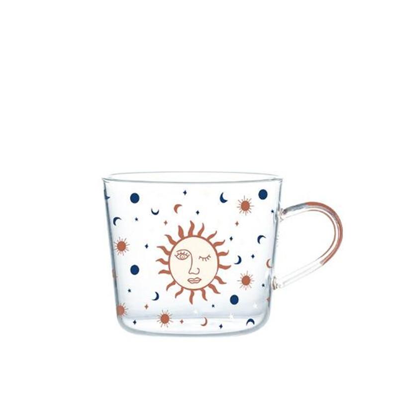 

500ml Abstract Creative Sun Eye Pattern Glass Mug with Handle Breakfast Coffee Mug Juice And Tea Cups with Scale 501-600ml