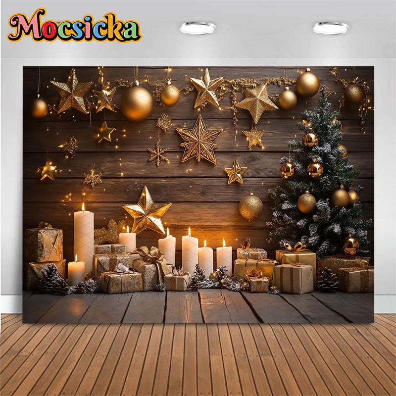 Christmas Tree Backdrop Photography Baby Shooting Props Golden Ball Star Gifts Candle Wood Wall Background Decorations Photozone