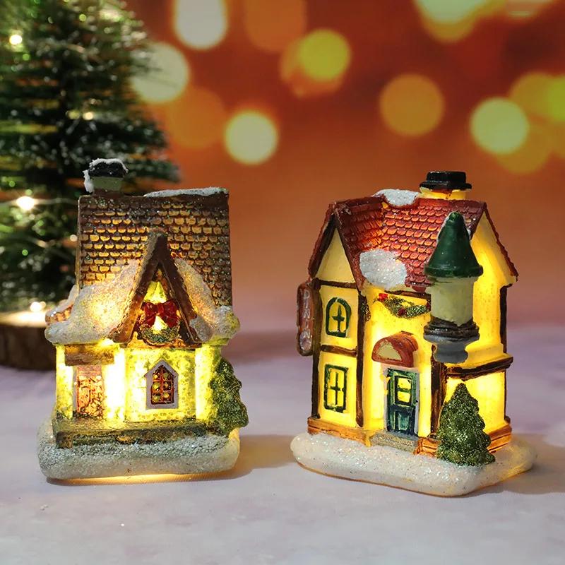 Christmas Decoration House LED Light Xmas Durable Ornaments Small Resin Mini House Miniature Village Building for Home Kids Gift