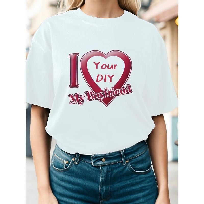 European sizes Custom Photo Print T-Shirt for Women - "I Love You" Heart Design, Casual Short Sleeve Crew Neck, Lightweight Polyester
