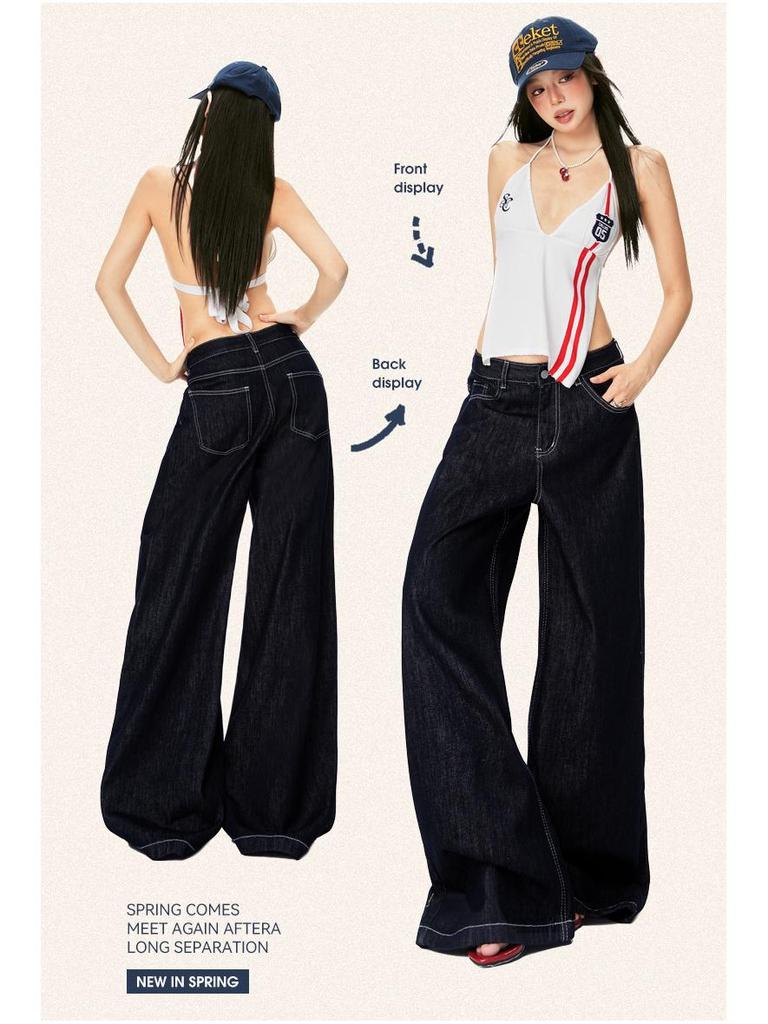 Spring 2026 Women's American Fashion Wide-Leg Jeans - Mid-Waist, Drapey, Slimming, Comfortable, Trendy, Floor-Length.
