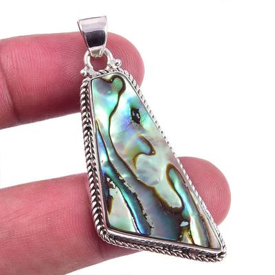 Natural Abalone Shell Gemstone 925 Solid Sterling Silver Jewelry Pendant 2" g1R03
