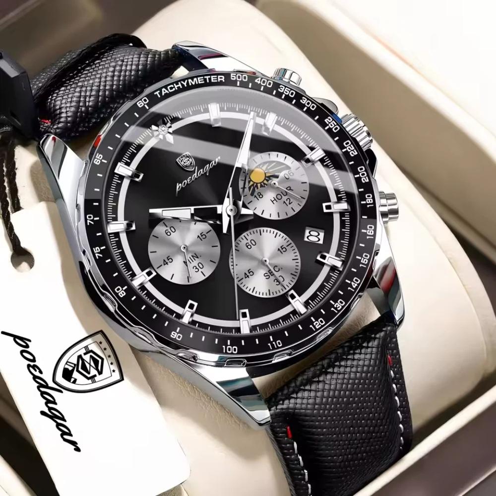 POEDAGAR Fashion Men's Watches High Quality Luminous Waterproof Male Wristwatch Leather Chronograph Date Sports Quartz Clock