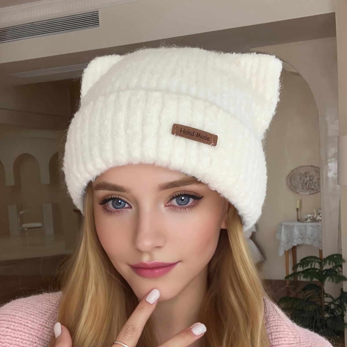 

1 шт. шикарная кожаная шапка-бини с ушками - женские вязаные аксессуары для путешествий на свежем воздухе - утолщенная теплая однотонная повседневная шапка для зимы