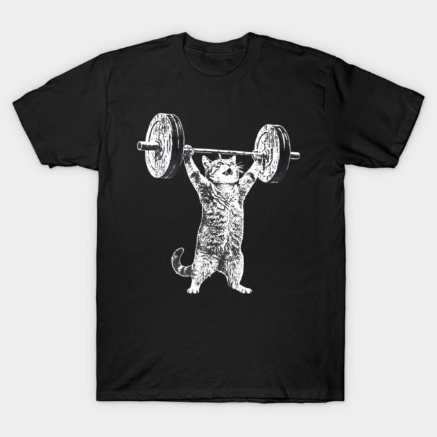 Asian Size Men Black Print T-shirt Cat Gym Deadlift Cat No-Cut Print Cotton Tshirt