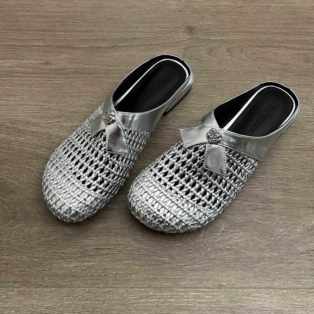 Sheepskin version~ Camellia leather slippers women's wear flat casual half slippers versatile lazy woven shoes