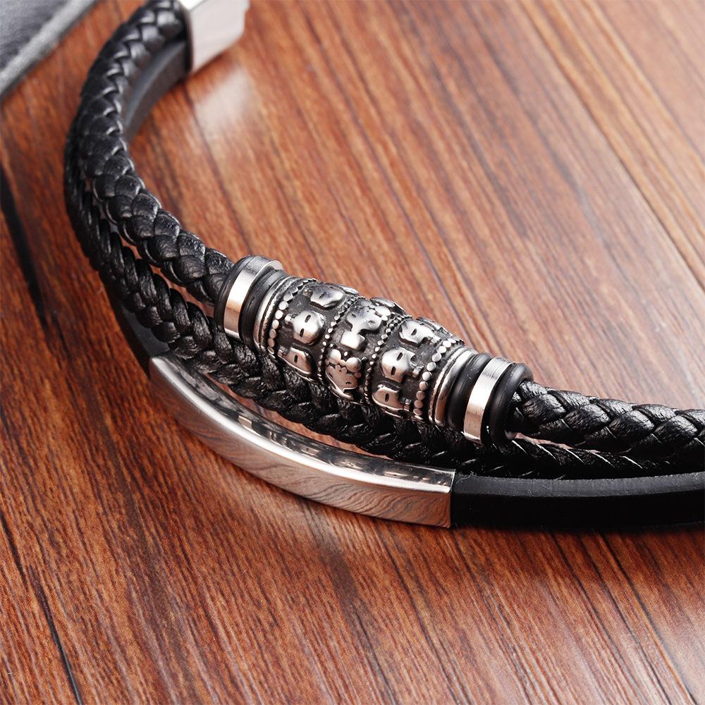 Black Leather Rope Cowhide Men's Double-layer Genuine Leather Woven Bracelet Handmade Multi-layer Leather Bracelet