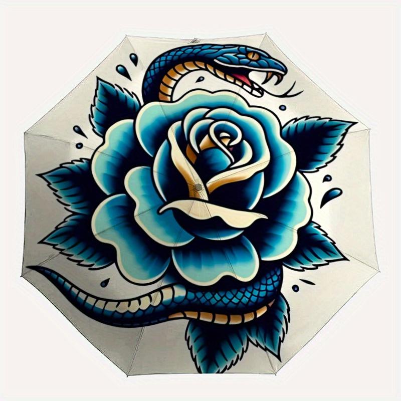1pc Snake Rose Automatic Folding Umbrella Portable Collapsible Design, 8-Rib Iron Frame, Durable Fabric, All-Season Casual Outdoor 159