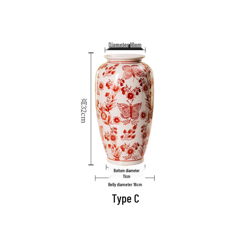 Nordic Red Ceramic Vase with Holly Berry Artificial Flowers: Chinese Style Decoration for Living Room or Entrance Cabinet