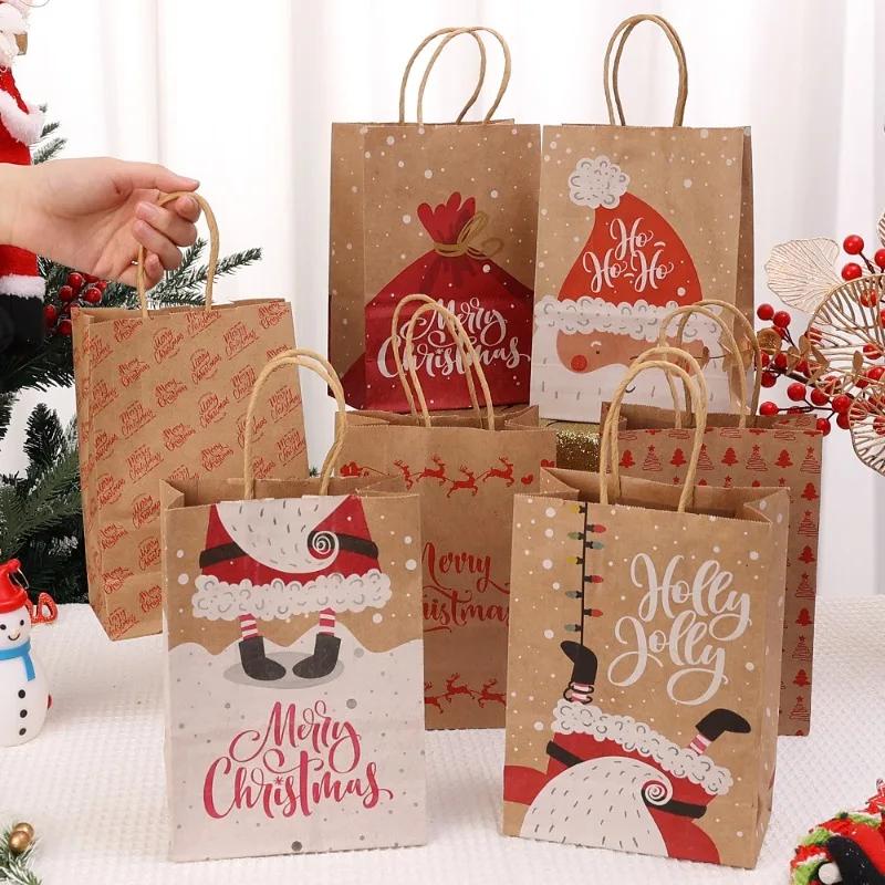 Kraft Paper Bag Christmas Packaging Gift Paper Handbag Santa Claus Snowman Pattern Merry Christmas Home Party Decor Candy Sack