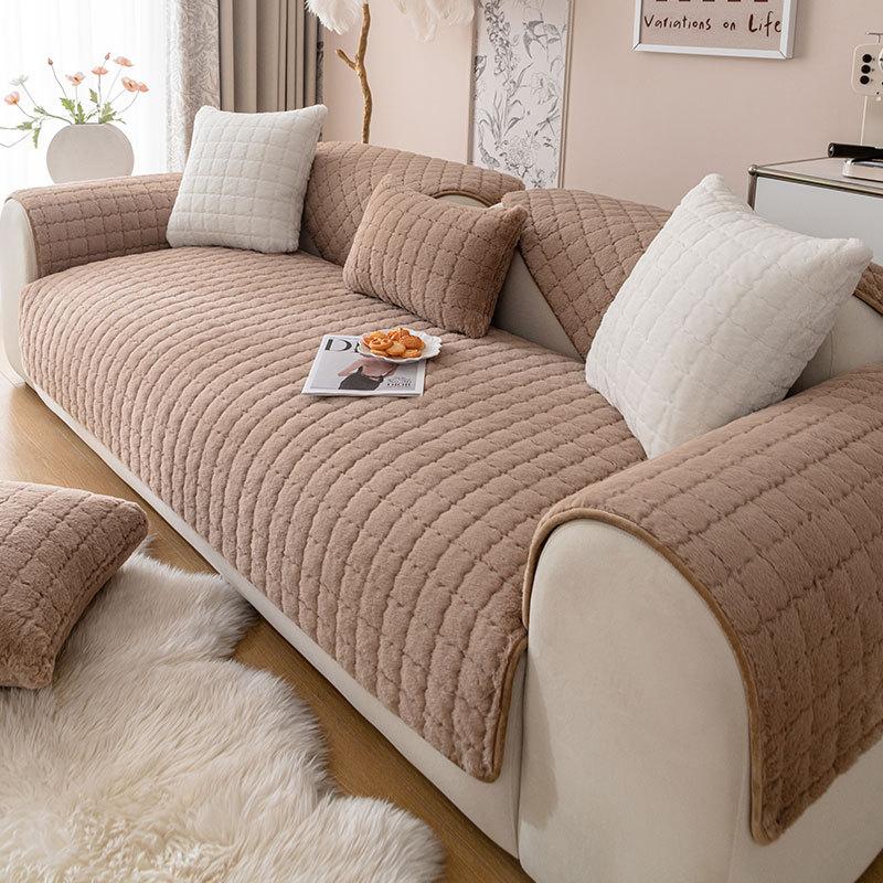 Kanin Plysj Sofatrekk Tykkere Sklisikkert Sofatrekk Ensfarvet Rutete for Stue Slipcover Varm Universal Sofapute