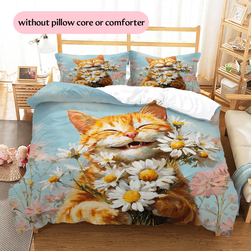 Cat Holding Flowers Pattern Bedding Quilt Set Home Decoration Gift (1 * Duvet Cover + 2 * Pillowcase, Without Core)