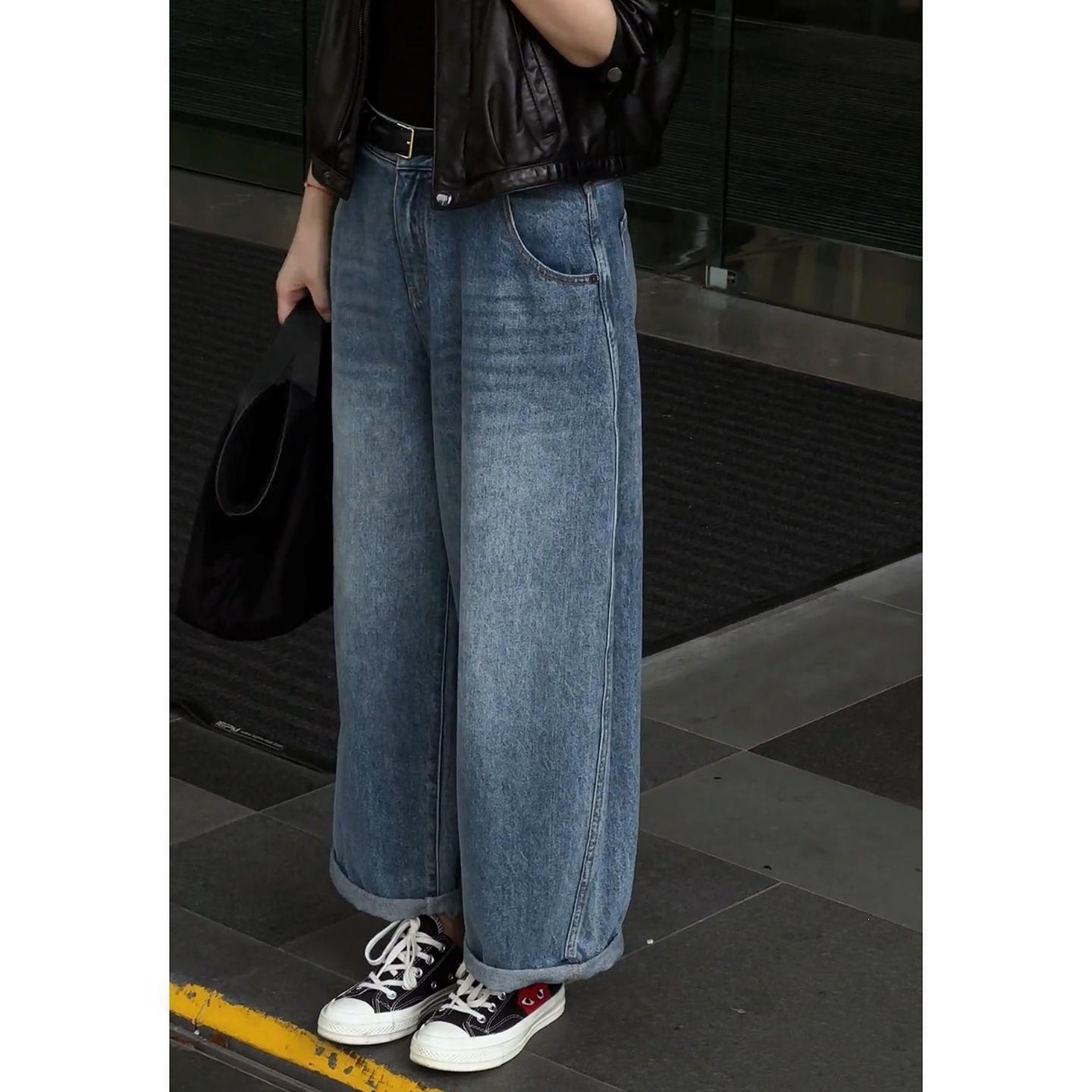 

Women s High-Waisted Retro Nine-Point Wide-Leg Jeans – Petite, Slimming, Straight-Leg Style XL (105-115 jin) синій
