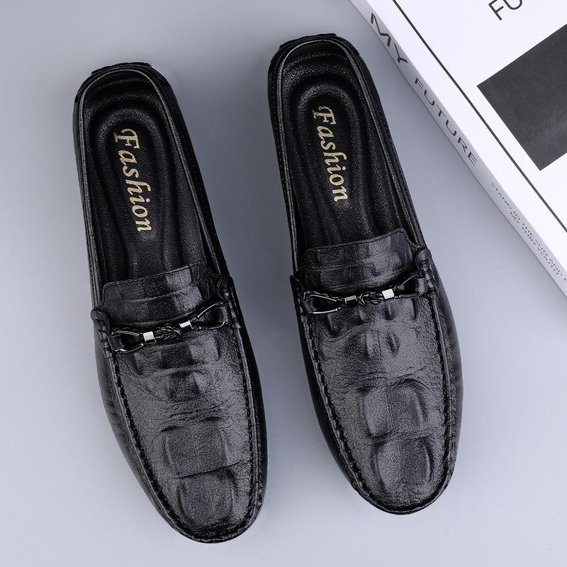 

Мужская обувь 2025 года, летние новые шапочки-бини с крокодиловым узором, мужские повседневные кожаные туфли высокого класса в британском стиле 37 чёрный