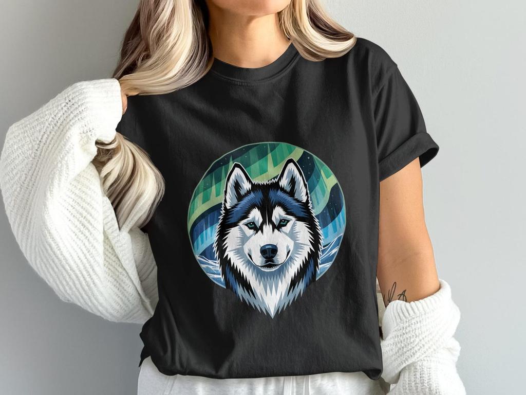 Husky Dog T-Shirt, Northern Lights Design, Cool Animal Graphic Tee, Unique Dog Lover Gift, Trendy Graphic T Shirt