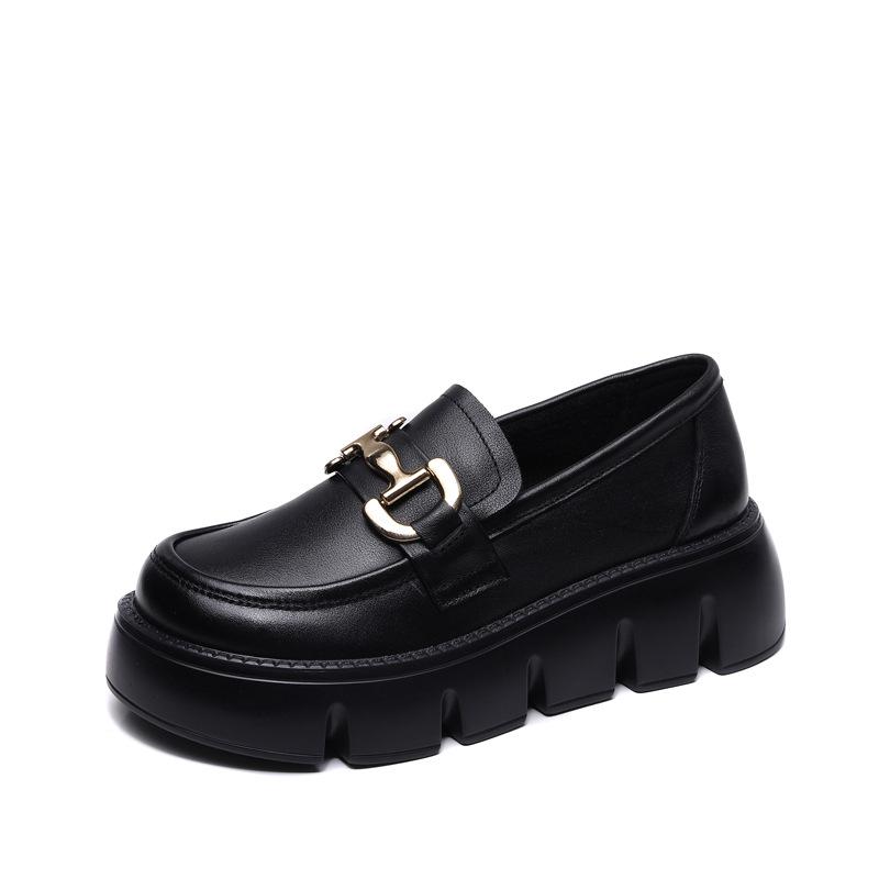 The First Layer of Cowhide Thick-soled Single Shoes for Women's 2025 Spring and Summer New Korean Version of One-pedal Loafers, Metal Buckle Small