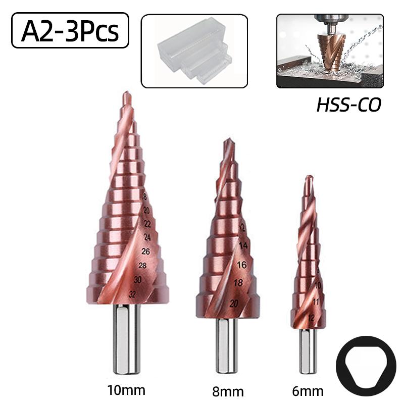

Сверло HSS-CO M35 Cobalt Step Drill Spiral Groove Triangle Hex Shank Нержавеющая сталь Metal Hole Cutter Conical Stage Drill Tools