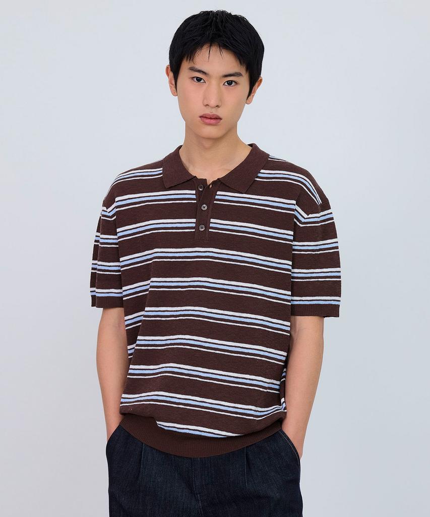 MINDBRIDGE [Couture] Washable Multi-Stripe Collared Short Sleeve Knit - 2 Colors