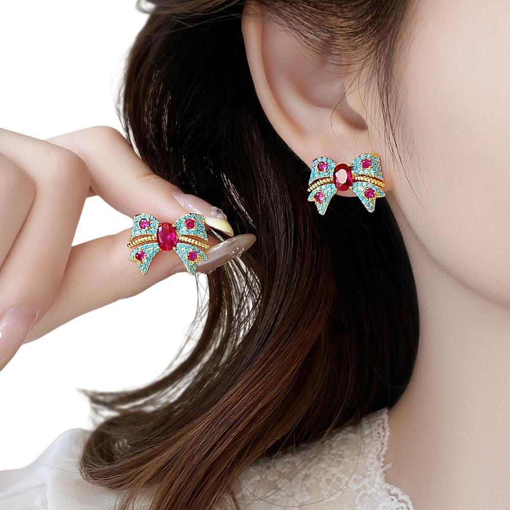 

Серьги-пусеты с кристаллами и стразами в виде бантиков, циркониевые серьги-пусеты с бантиками, нежные серьги-пусеты в корейском стиле, для вечеринки синий/розовый