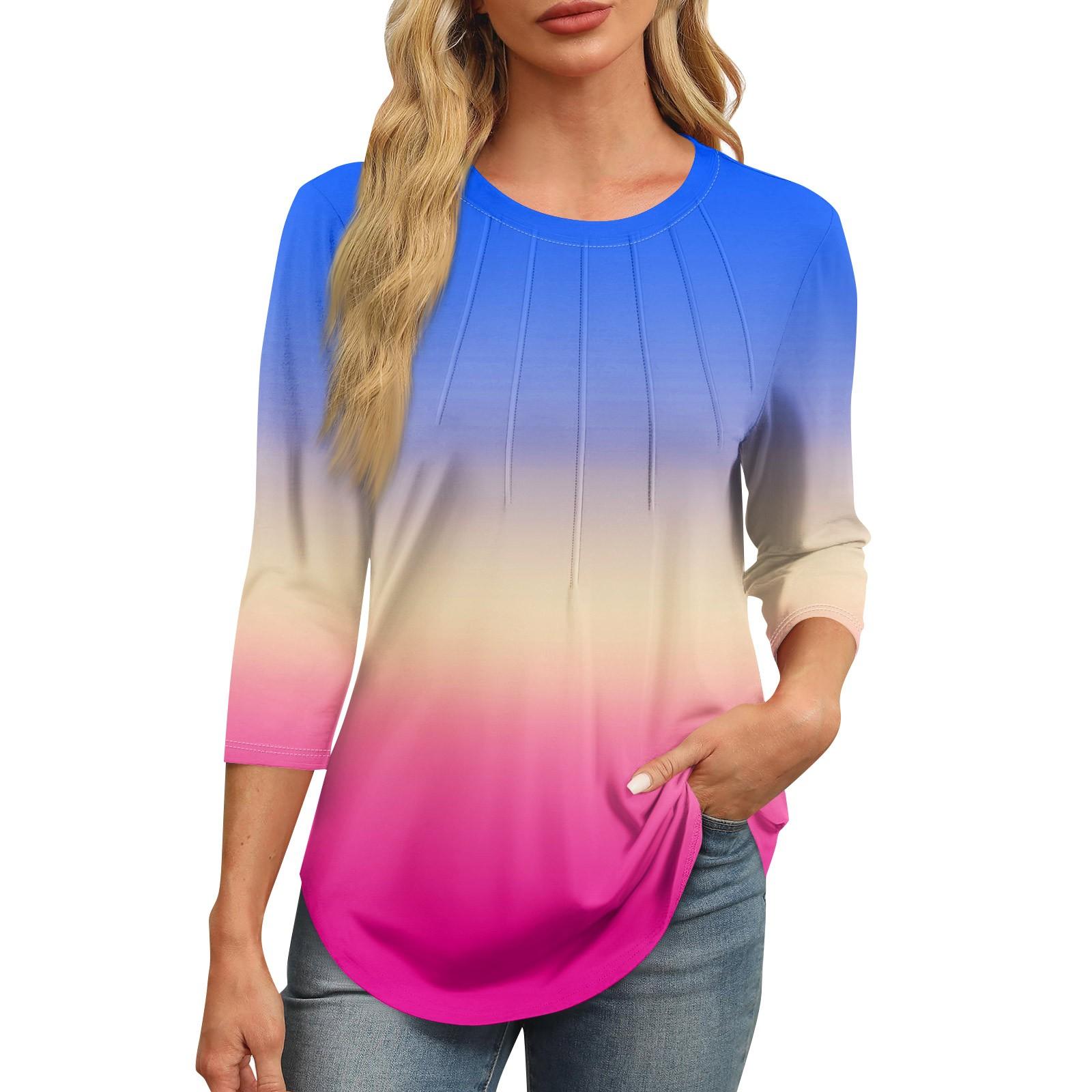 

Женская модная футболка с круглым вырезом и рукавом 3/4 с принтом, повседневная, базовая, плиссированная, пуловер S синий