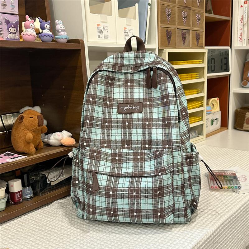 

Preppy Backpack Student Large Capacity Commuting Lightweight Check Schoolbag зелений