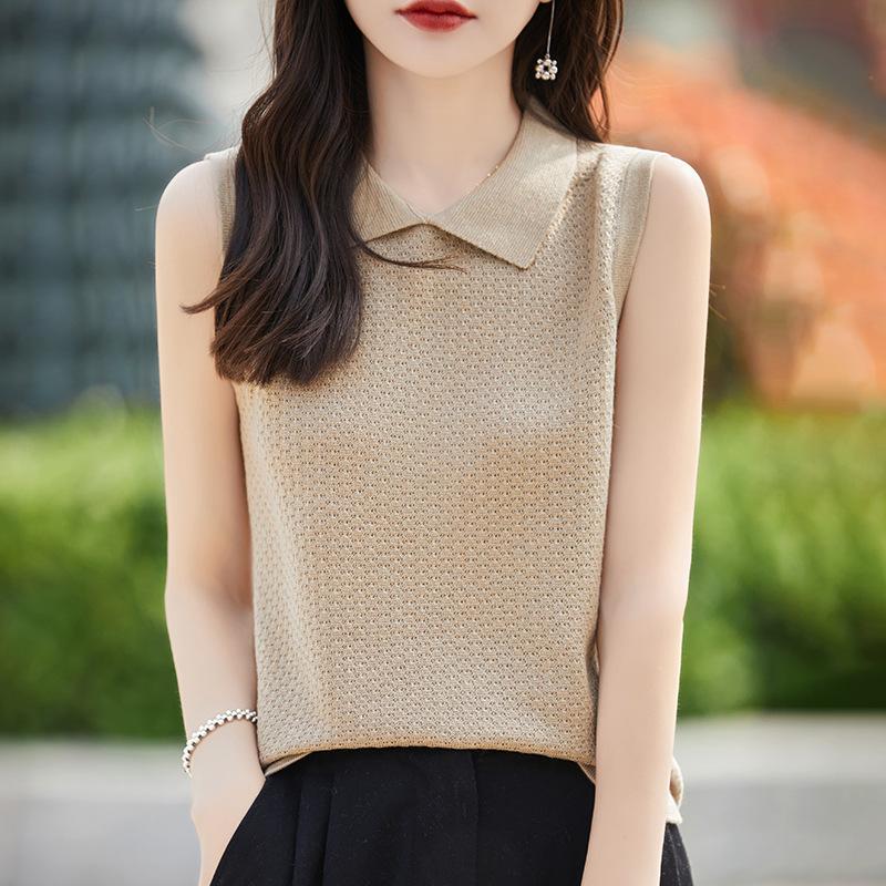 Женский летний жилет без рукавов, последний зарубежный стиль, ажурный жилет, вязаный свитер с воротником, универсальный жилет-топ M