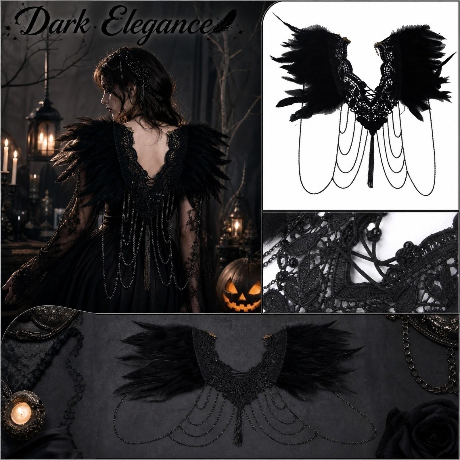 Black Feather Cape with for Halloween Gothic Costume with Chain One Size