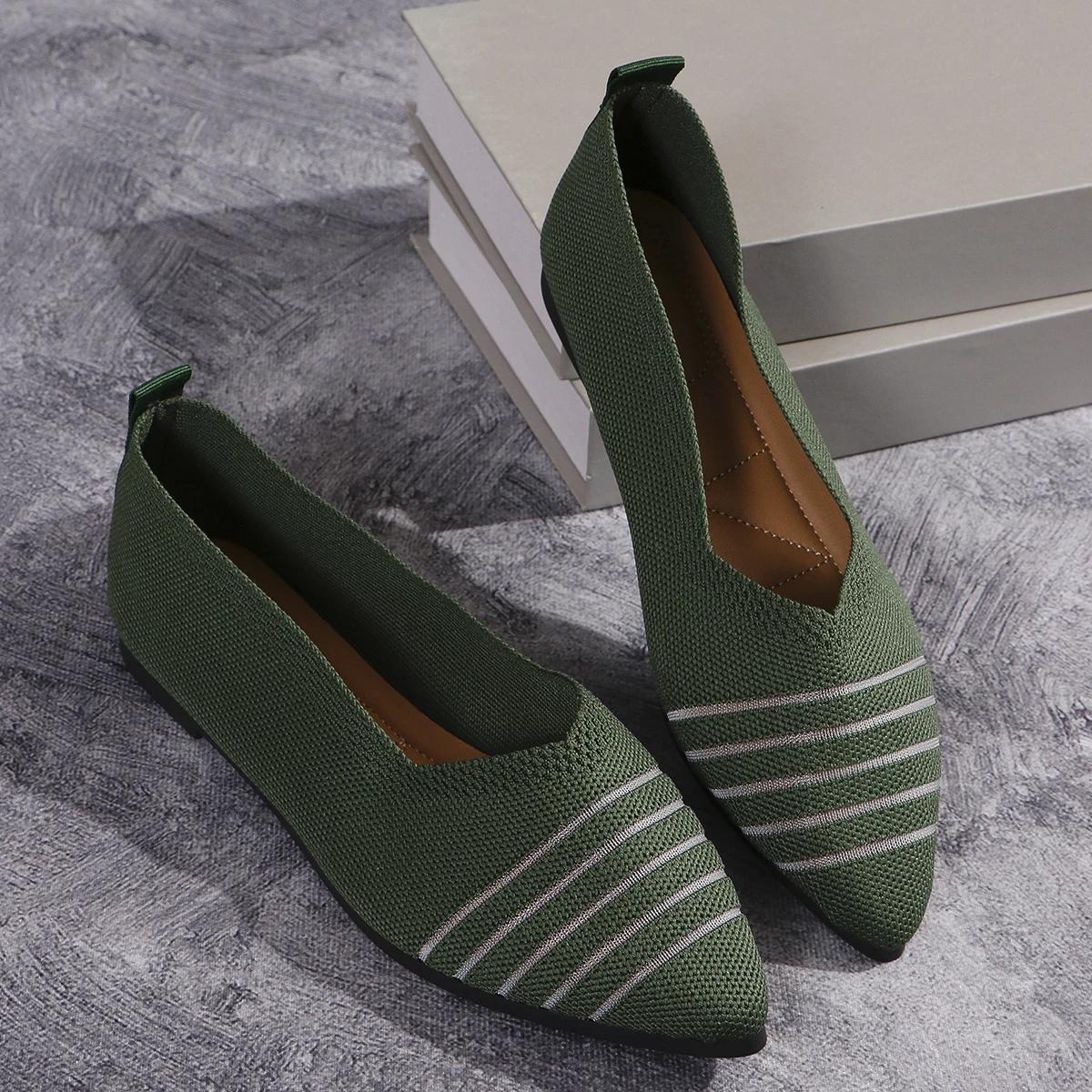 

Нові жіночі туфлі на плоскій підошві з гострим носом Однотонні трикотажні туфлі без взуття Повсякденні дихаючі балетки Жіночі туфлі на плоскій підошві Жіночі лофери 40 зелений