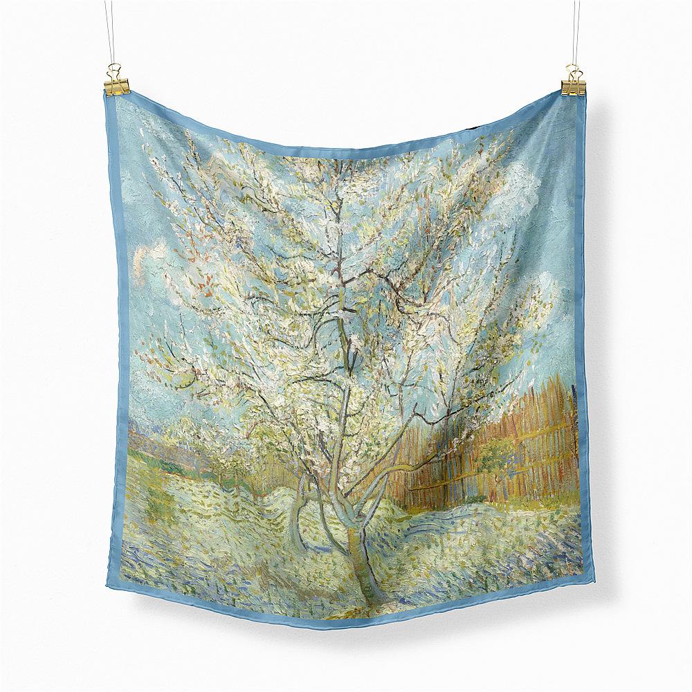 Famous Oil Painting Twill 100% Silk Scarf Fashion Bandana Women Scarf Wraps 53cm Square Scarves Hijab Head Scarf Neckerchief