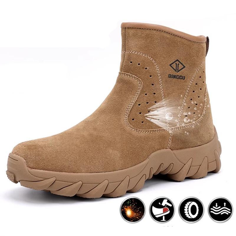 Cowhide Men Work Boots Safety Shoes High-top Side Zipper Safety Boot Anti Scald Welding Shoes Puncture-Proof Security Boots Men