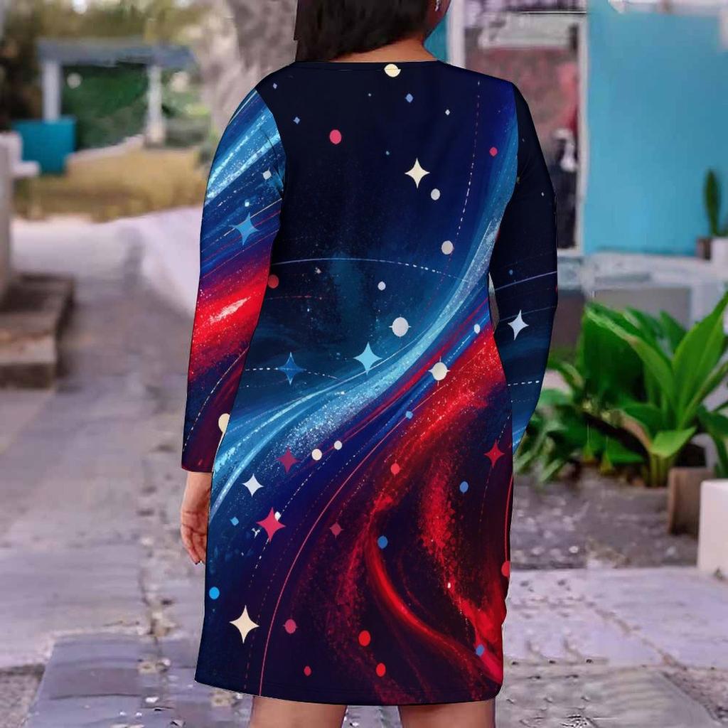 Women Plus Size V Neck Long Sleeve Navy Blue Red White Printed Fitted Straight Dress