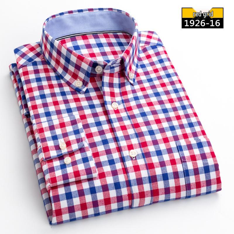 Men's Long Sleeve Washed Cotton Oxford Shirt - Slim Fit, Plaid, Iron-Free Stripes, Casual Style