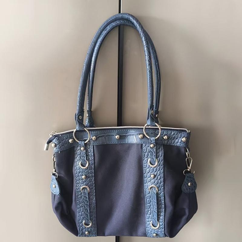 

Y2k Style Denim Canvas Tote Bag Women Rivet Ring Decor Shoulder Bag Large Capacity Handbag Crocodile Pattern Design Commute Bag
