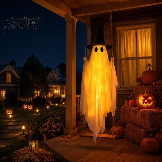Leuchtende Halloween-Atmosphäre Requisite Hängende Schaukel Geist Dekoration mit Hexenhut, Gruselige Außen Dekoration Beleuchtet Weiß für Garten Lichterkette Und