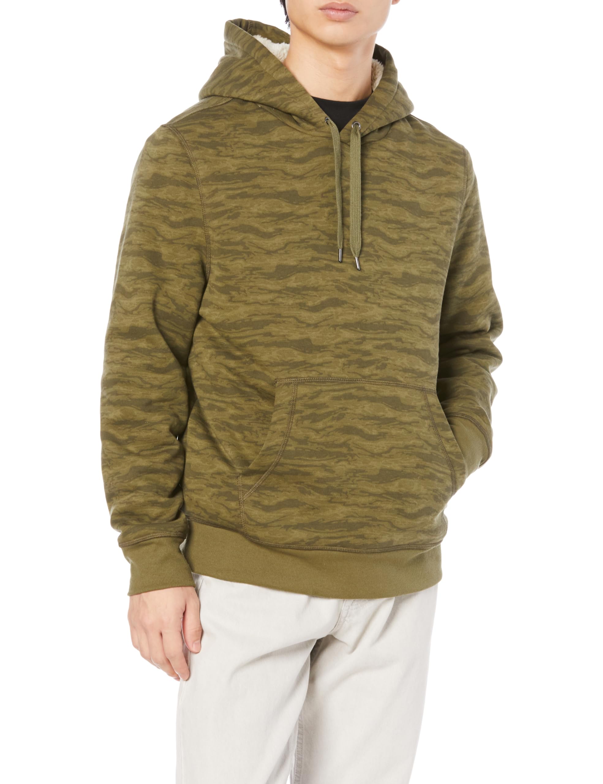 

Amazon Essentials Men s Dark Green Camouflage Pullover Hoodie with Sherpa Lining, Size M