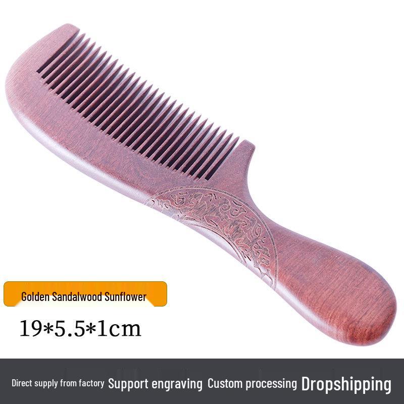 Golden Sandalwood Comb: Souvenir with Text Pattern, Thick Wooden Handle, Hairdressing Meridian Gift