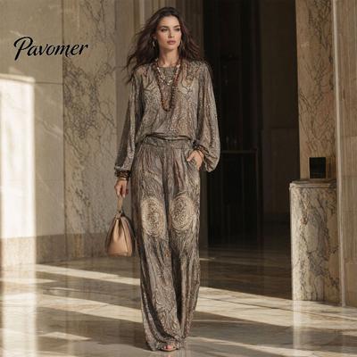 High Waisted Wide Leg Pants Boho Print 2 Piece Sets for Women, Casual Long Sleeve Top Comfortable Loose Fit Clothes Matching Sets, Summer Travel