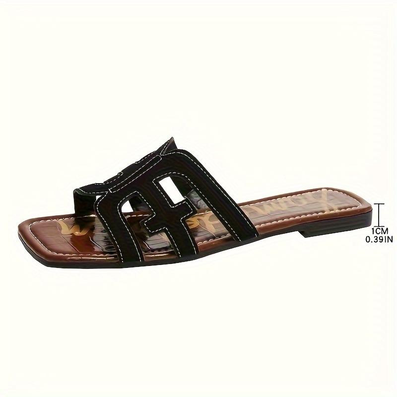Women's Hollow Out Flat Slides, Retro Square Open Toe Summer Shoes, Casual Outdoor Beach Slides