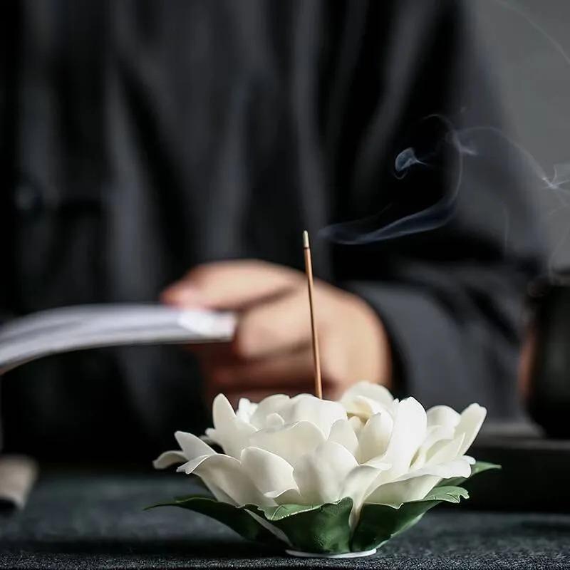 Ceramic White Peony Incense Burner Handmade Household Decor Incense Stick Holder Buddhist Incense Chinese Tea Ceremony Ornaments