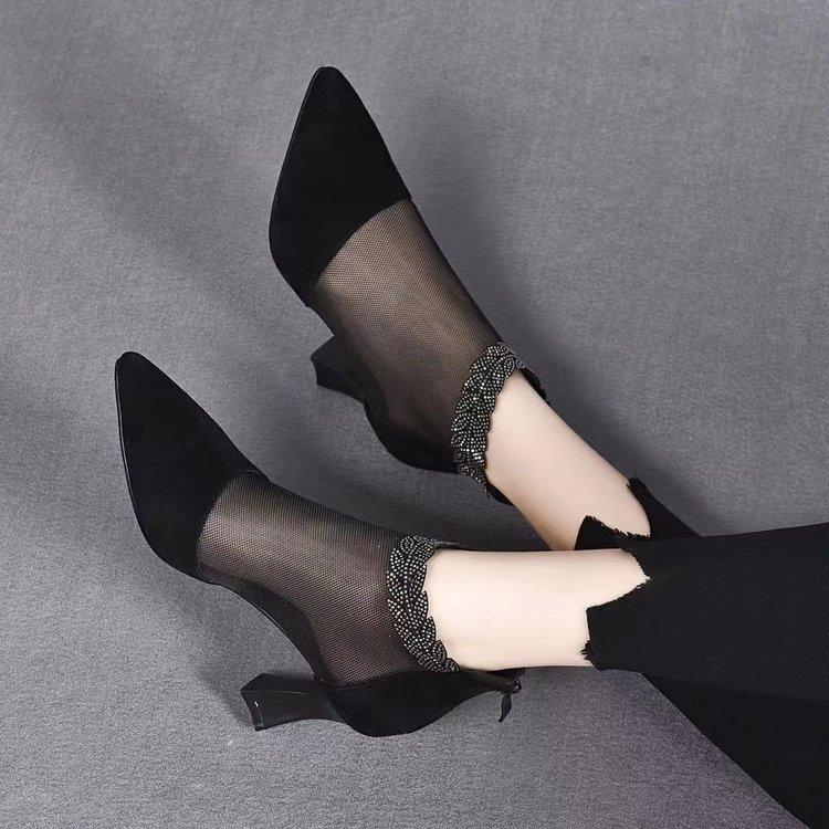Pointed Mesh High Heels Women's Shoes Spring and Summer New Black Sheepskin Rhinestone Leaf Fine Heel Mesh Shoes Fashion Shoes