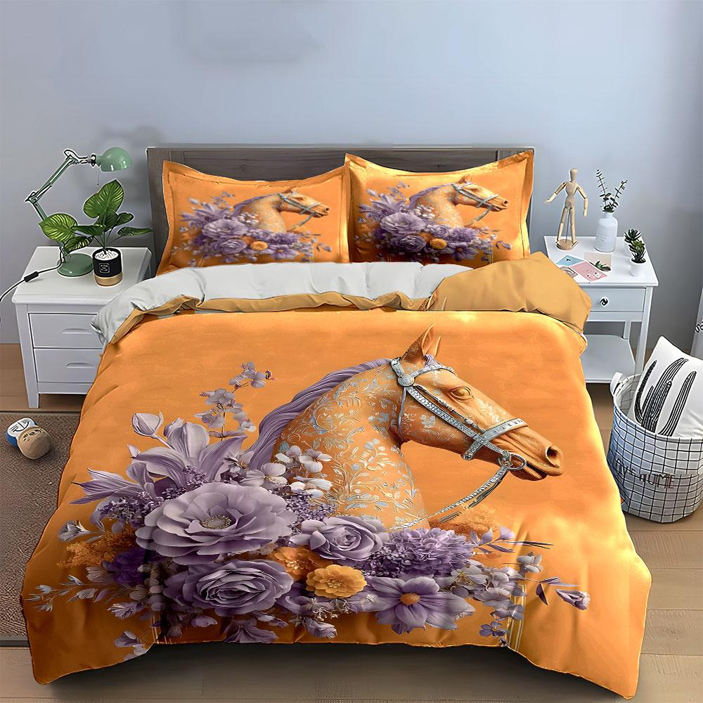 Elegant Horse with Floral Design Bedding Duvet Cover Set  (1*Duvet Cover 2*Pillowcases, without duvet insert)