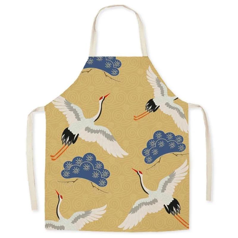Retro Chinese crane pattern linen apron home cleaning anti-oil bib kitchen adult cooking baking sleeveless apron